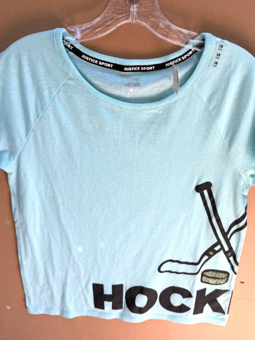 NWT Girls Justice Size 18 Plus Light Mint Green "HOCKEY" Short Sleeve Top